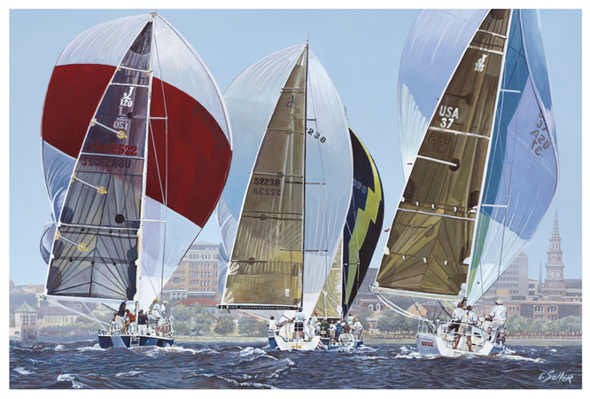 Four Sails, Original gouache painting by the fine artist Eric Soller